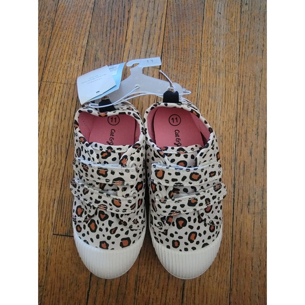 Cat & Jack Toddler Girls Leopard Print Sneakers Hook Loop Shoes White Brown 11